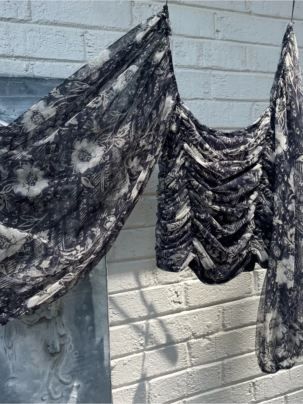 Free People Black Floral Ruched Mesh Sheer Balloon Sleeve Top s/p